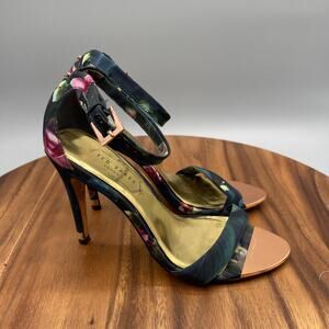 Ted Baker High Heels Womens Size 6.5 / 37 Black Floral Open Toe Stiletto Pumps